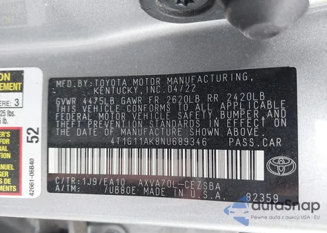 2022 Toyota Camry Se z USA, uszkodzony, nr VIN 4T1G11AK8NU689346